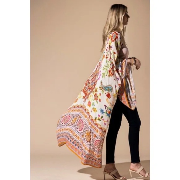 Colorful Vibrant Delphi Floral Paisley Open Wrap Duster Kimono Top One Size - Picture 4 of 9